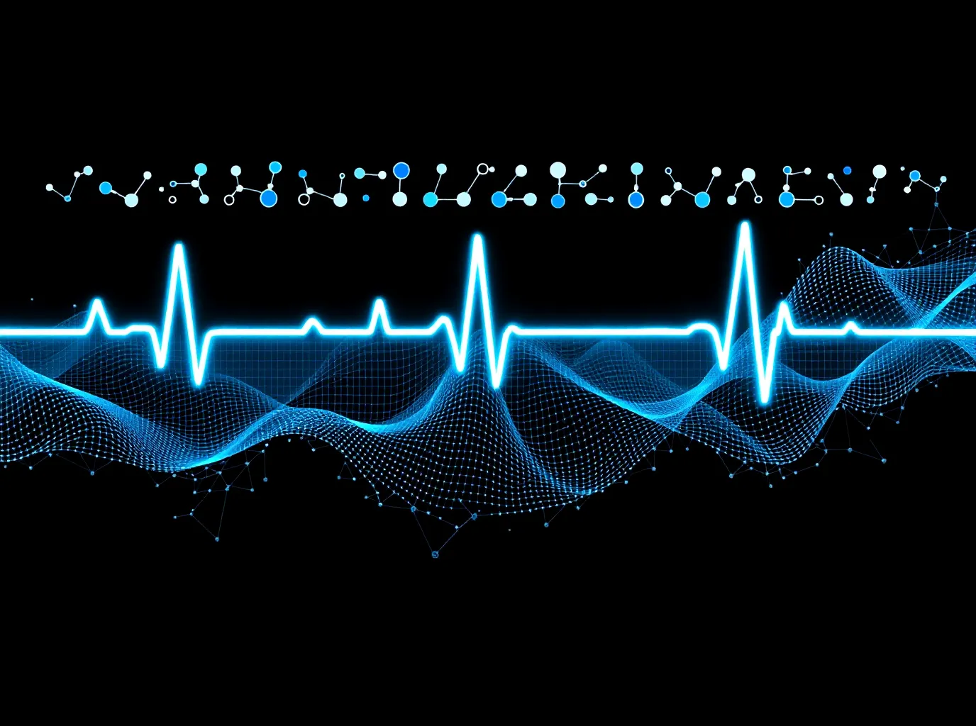 Abstract white cardiac-rhythm waveform over a sky-blue vascular lattice with a small peptide-chain node motif on pure black